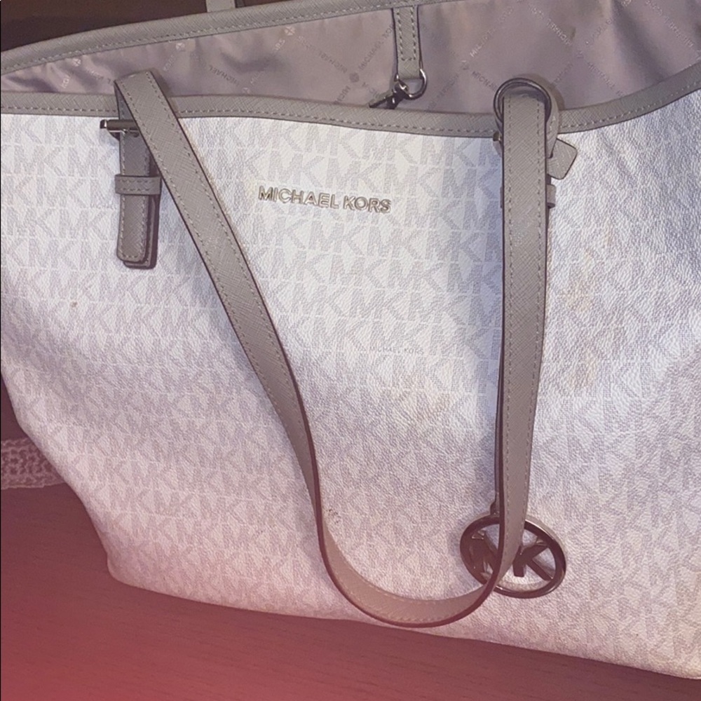 White and gray Michael Kors signature tote